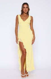 Cenny | Bold Thigh-High Slit Vibrant V-Neck Ruffle Maxi Dress