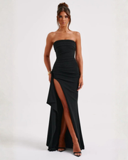 Meadow | Strapless Ruched Crepe Thigh-High Split Maxi Dress
