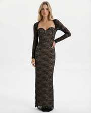 Catrine | Sheer Floral Lace Corset Maxi Dress with Detachable Sleeves