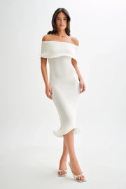 Melania | Textured Knit Ruffle Trim Off-The-Shoulder Midi Dress
