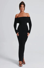 Angel | Off-Shoulder Black Maxi Dress – Premium Sculpting Knitted Gown