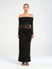 Alice | Sheer Mesh Bodice Off-Shoulder Cowl Maxi Dress