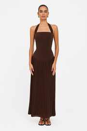 Stacy | Structured Bodice Elegant Halterneck Pleated Maxi Dress