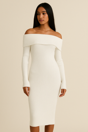 Nerrit | Off-The-Shoulder Ribbed Knit Midi Dress