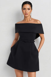 Clare | Structured A-Line Black Off-Shoulder Mini Dress
