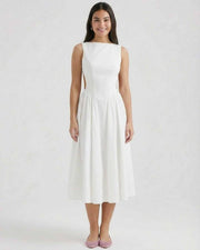 Halle | White Open-Back A-Line Midi Dress Wedding & Summer Party Gown