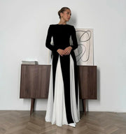 Allison | Women's Elegant White & Black Long-sleeve Pleated Maxi Dress