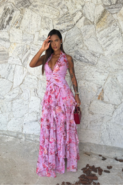 Coral | Women's Pink Floral Sleeveless Ruffle Maxi Wedding Guest Dress