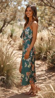 Evelina | Women's Green Floral Tie Front Sleeveless Slit Midi Summer Dress