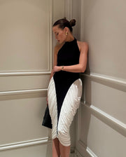 Francesca | Women's Black & White  High-Neck Sleeveless Backless Pleated Midi Dress