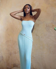Isadora | Women's Sky Blue Strapless Side-Slit Knit Maxi Summer Dress