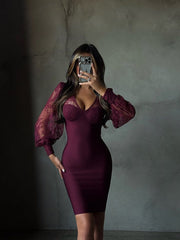 Kate | Women's Burgundy Long Lace Balloon Sleeve Mini Dress