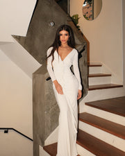 Paulina | Women's White Long Sleeve V-Neck Bodycon Maxi Dress