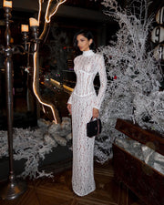 Raina | Women's White High-Neck Long-Sleeve Corset-Inspired Lace Maxi Dress