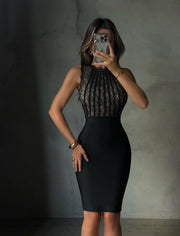 Roxanne | Women's Blck High-neck Lace Bodycon Mini Dress