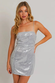 Romy | Shimmering Silver Sequin Spaghetti Strap Mini Dress