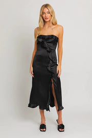 Luna | Front Slit Elegant Satin Strapless Ruffle Midi Dress