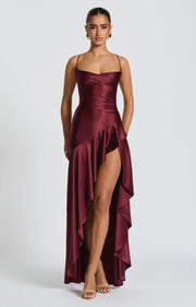 Lucia | High-Low Ruffle Hem Satin Twist Cowl Maxi Dress