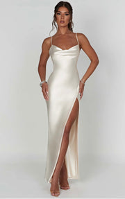 Sarina | Cowl Neck Low Back Maxi Dress with Thigh-High Split