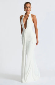 Natasha | Ruched Bodycon Plunging Halter Maxi Dress