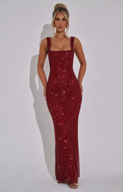 Olivia | Embellished Square Neck Crystal Mesh Maxi Dress