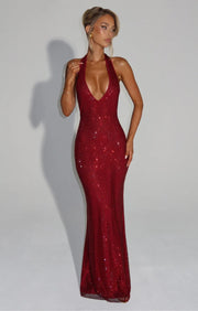 Cassidy | Plunging Neckline Crystal Mesh Halter Maxi Dress