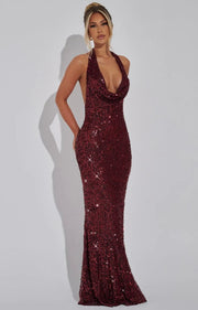 Stellara | Embellished Open Back Sequin Net Halter Maxi Dress
