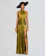 Talia | Luminous Metallic Halter Maxi Dress