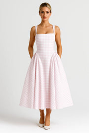 Nicolle | Retro Checkered Square-Neck Midi Dress