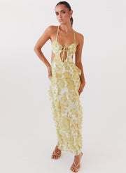 Marly | Side Cut-Out Floral Halter Maxi Dress with Ruffle Detail