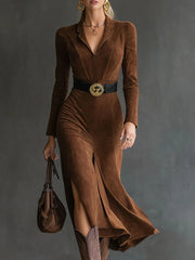 Felicity | Retro Western Style Lapel Faux Suede Slit Midi Dress (Includes belt)
