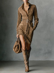 Marigold | Suede Single Breasted Lapel Long Sleeve Midi Dress (Includes belt)