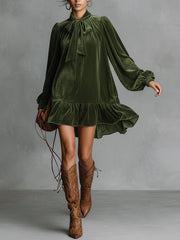 AVA LOOSE-FITTING VELVET MINI DRESS WITH NECKLINE BOW