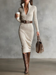 Delphino | Slim Fit Half Turtleneck V-Neck Long Sleeve Knitted Belted Midi Dress