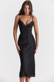 Salma | Black Satin Slip Detachable Corset Midi Dress