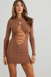 Cassidy | Ribbed Bodycon Front Lace-Up Long Sleeve Mini Dress