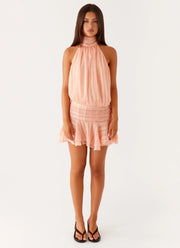 Willow | Open Back Ruffle Hem High-Neck Chiffon Mini Dress