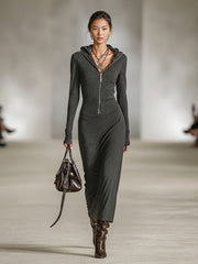 LIORRA | LONG-SLEEVE TUNIC DRESS WITH HOOD AND ZIPPER DETAIL