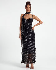 Noir | Polka Dot Maxi Dress Body-Skimming Silhouette with Sheer Hem
