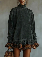 ZARA SUEDE MINI DRESS WITH TURTLENECK AND LEOPARD PRINT PANEL